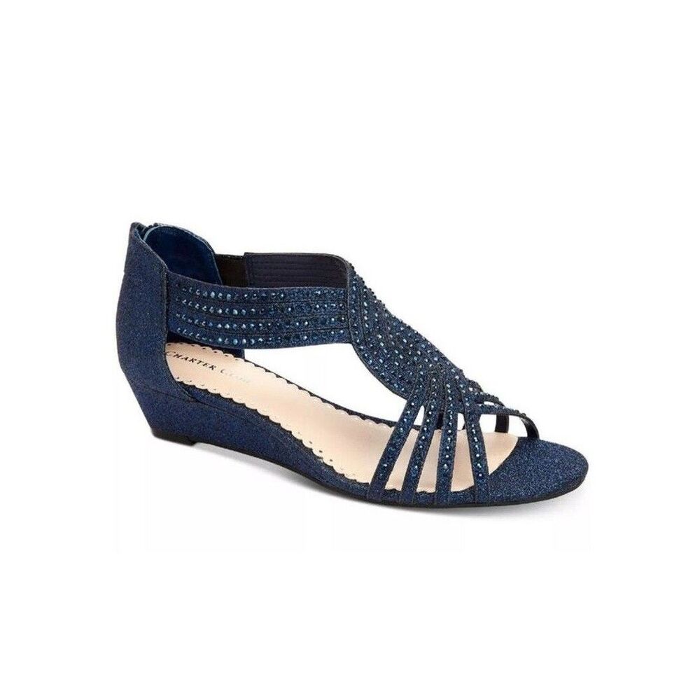 Charter Club Womens 9.5 M Navy Blue Glitter Ginifur Strap Wedge Sandals NIB TC4